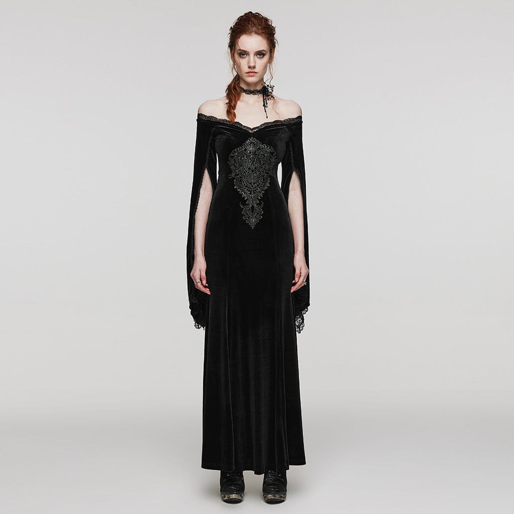 PUNK RAVE Women's Gothic Floral Embroidered Lace Splice Velvet Dress