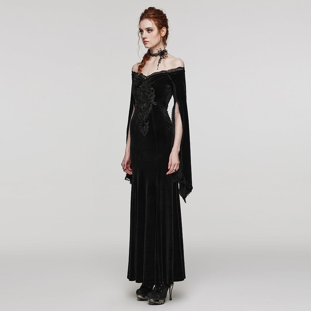 PUNK RAVE Women's Gothic Floral Embroidered Lace Splice Velvet Dress