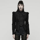 PUNK RAVE Women's Gothic Floral Embroidered Lace-up Jacket Black