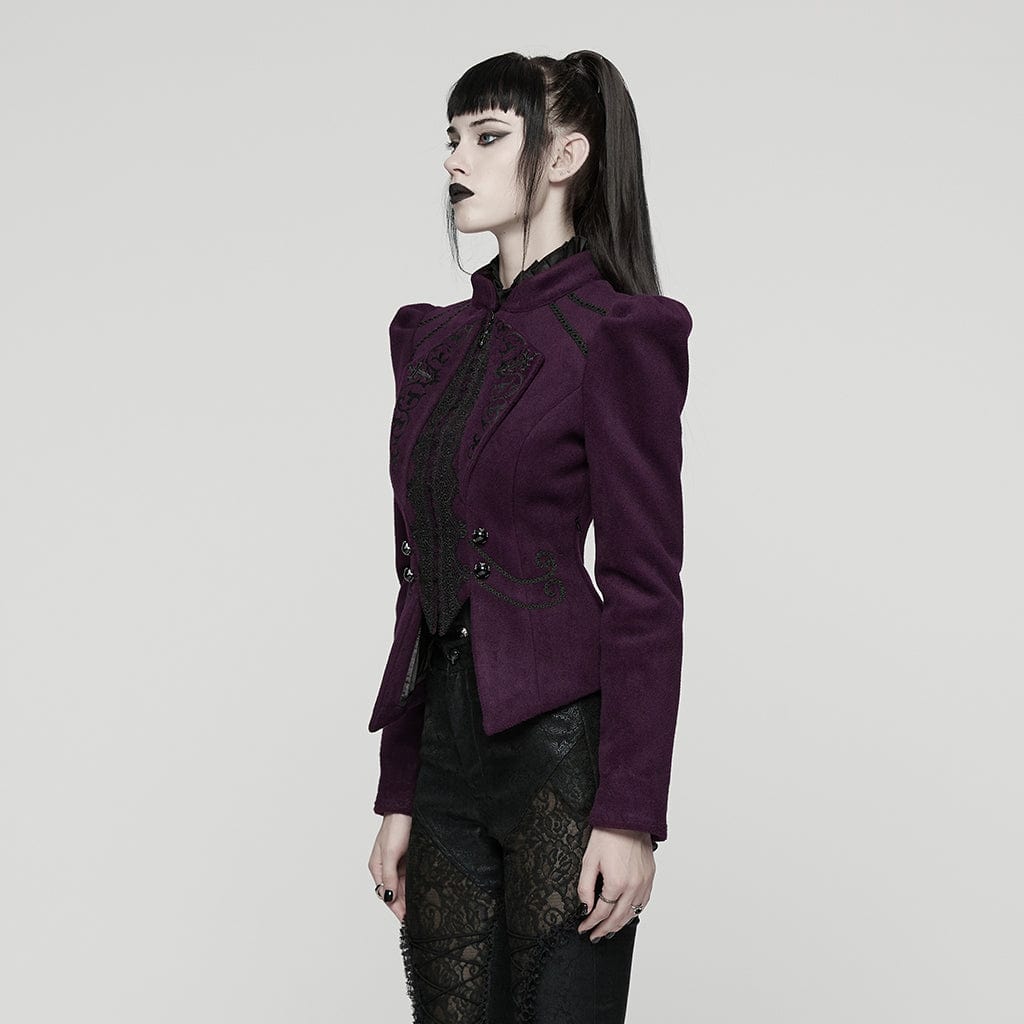 PUNK RAVE Women's Gothic Floral Embroidered Lace-up Jacket Violet