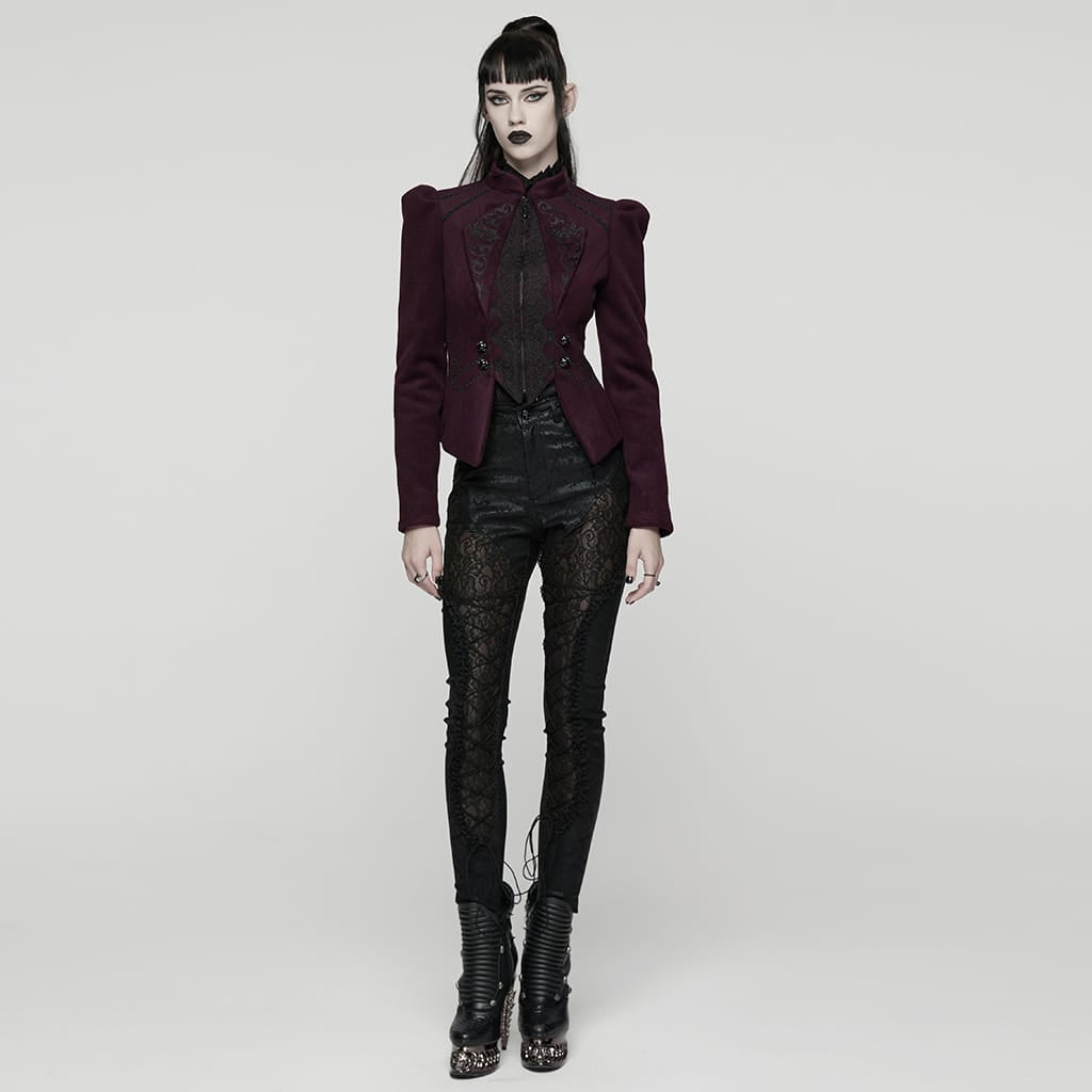 PUNK RAVE Women's Gothic Floral Embroidered Lace-up Jacket Violet