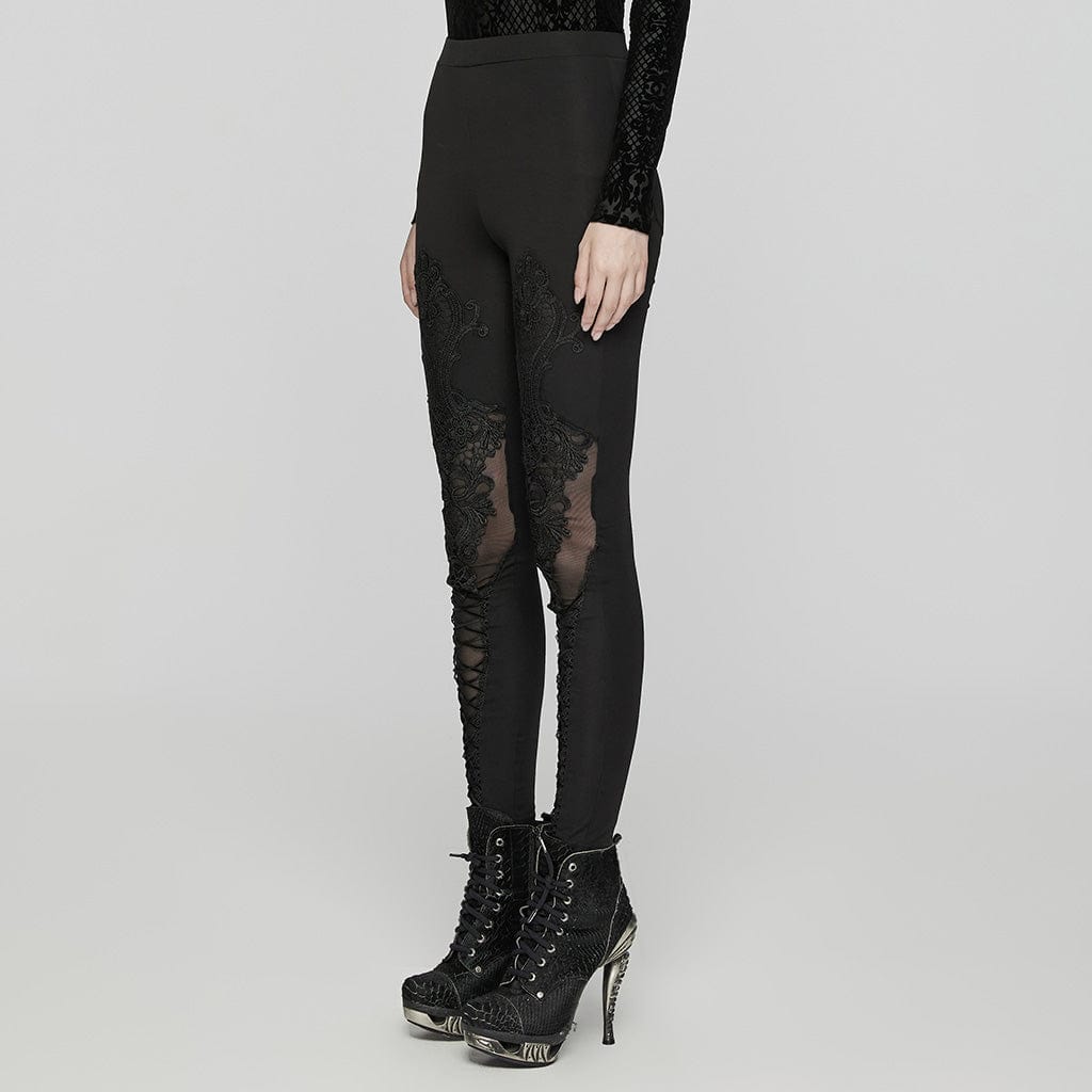 PUNK RAVE Women's Gothic Floral Embroidered Lace-up Leggings