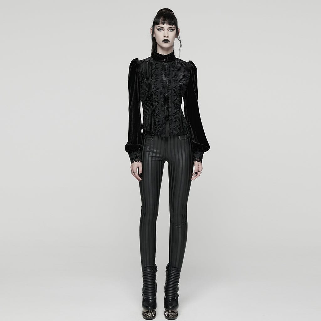 PUNK RAVE Women's Gothic Floral Embroidered Lace-up Puff Sleeved Shirt Black