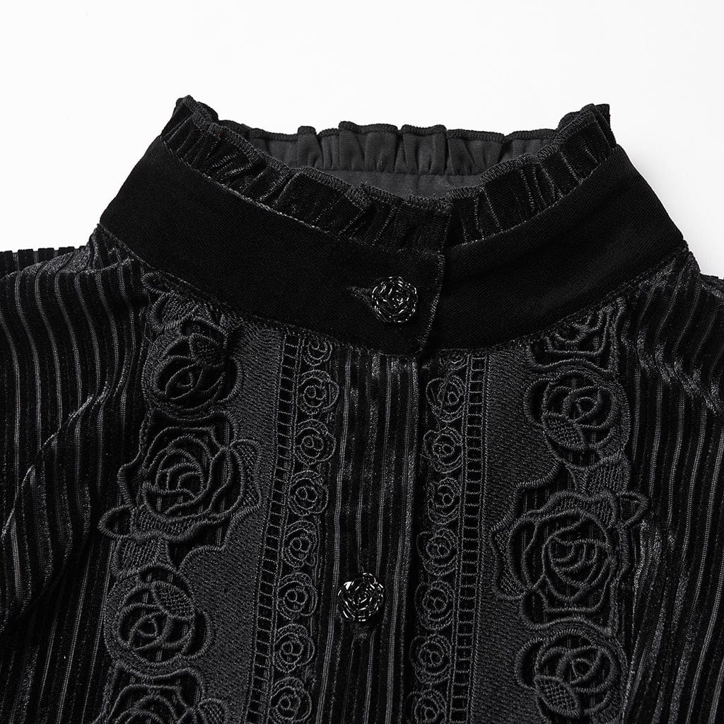 PUNK RAVE Women's Gothic Floral Embroidered Lace-up Puff Sleeved Shirt Black