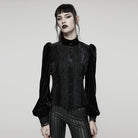 PUNK RAVE Women's Gothic Floral Embroidered Lace-up Puff Sleeved Shirt Black