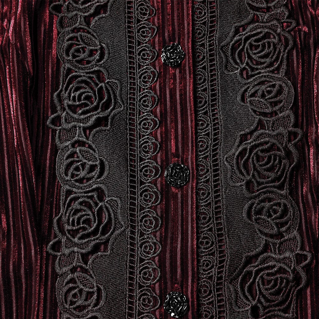 PUNK RAVE Women's Gothic Floral Embroidered Lace-up Puff Sleeved Shirt Red