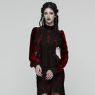 PUNK RAVE Women's Gothic Floral Embroidered Lace-up Puff Sleeved Shirt Red