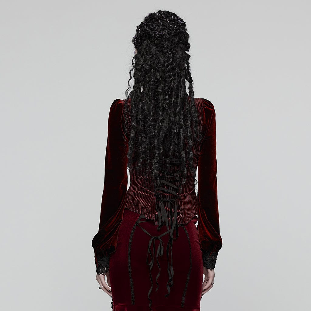 PUNK RAVE Women's Gothic Floral Embroidered Lace-up Puff Sleeved Shirt Red