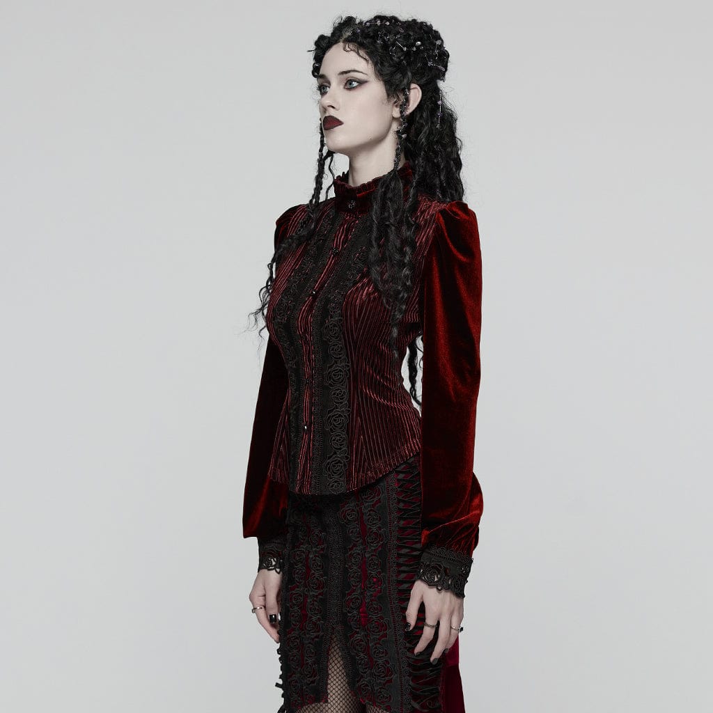 PUNK RAVE Women's Gothic Floral Embroidered Lace-up Puff Sleeved Shirt Red