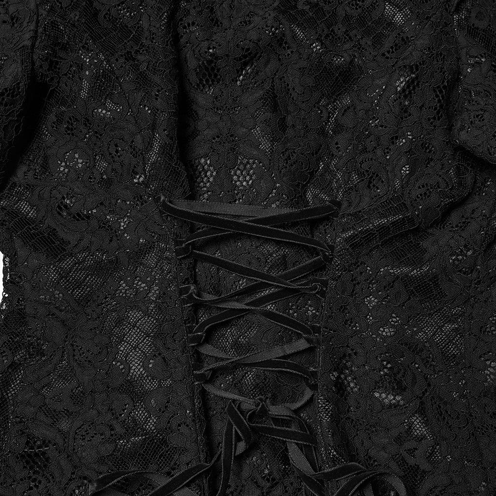 PUNK RAVE Women's Gothic Floral Embroidered Lace-up Ruffle Shirt Black