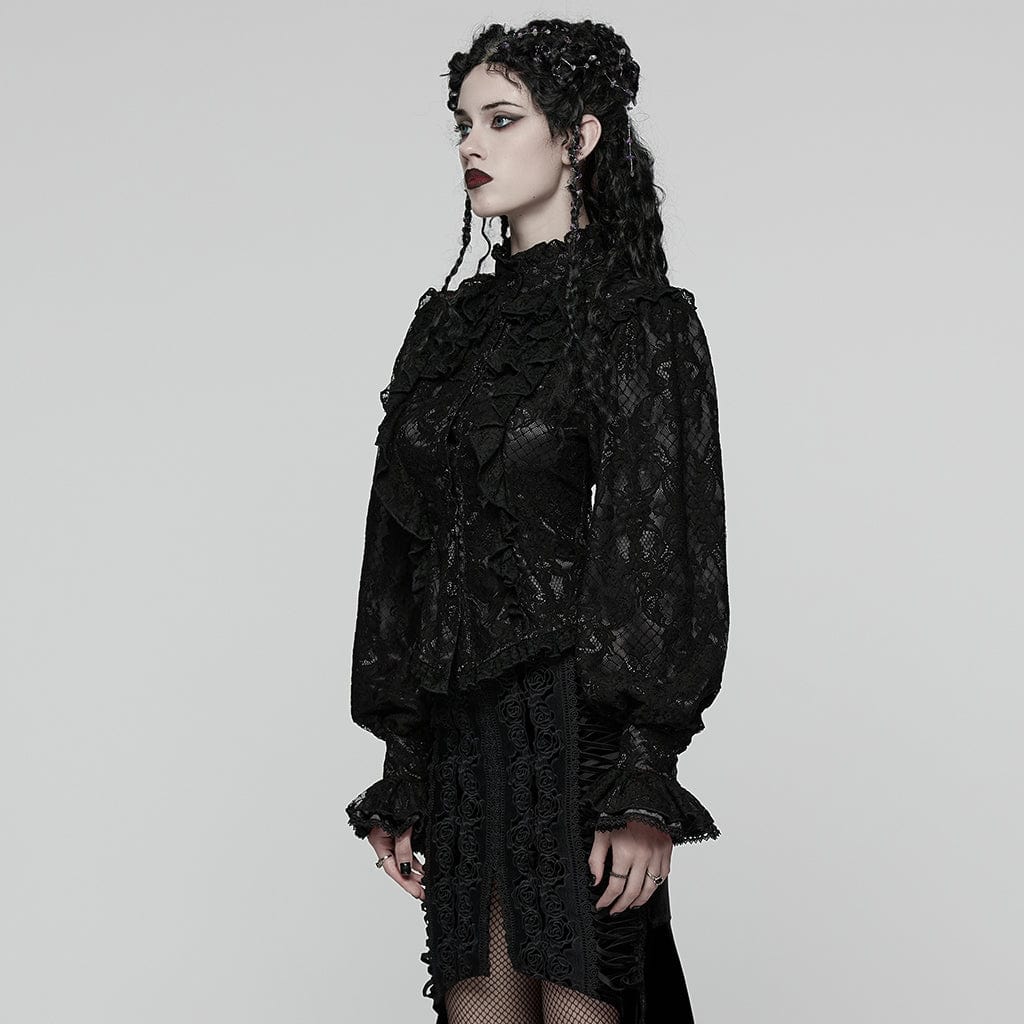 PUNK RAVE Women's Gothic Floral Embroidered Lace-up Ruffle Shirt Black