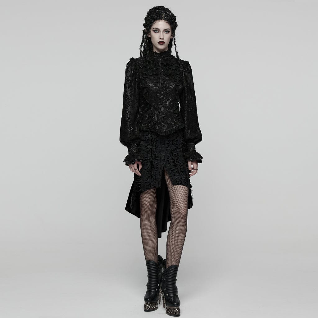 PUNK RAVE Women's Gothic Floral Embroidered Lace-up Ruffle Shirt Black