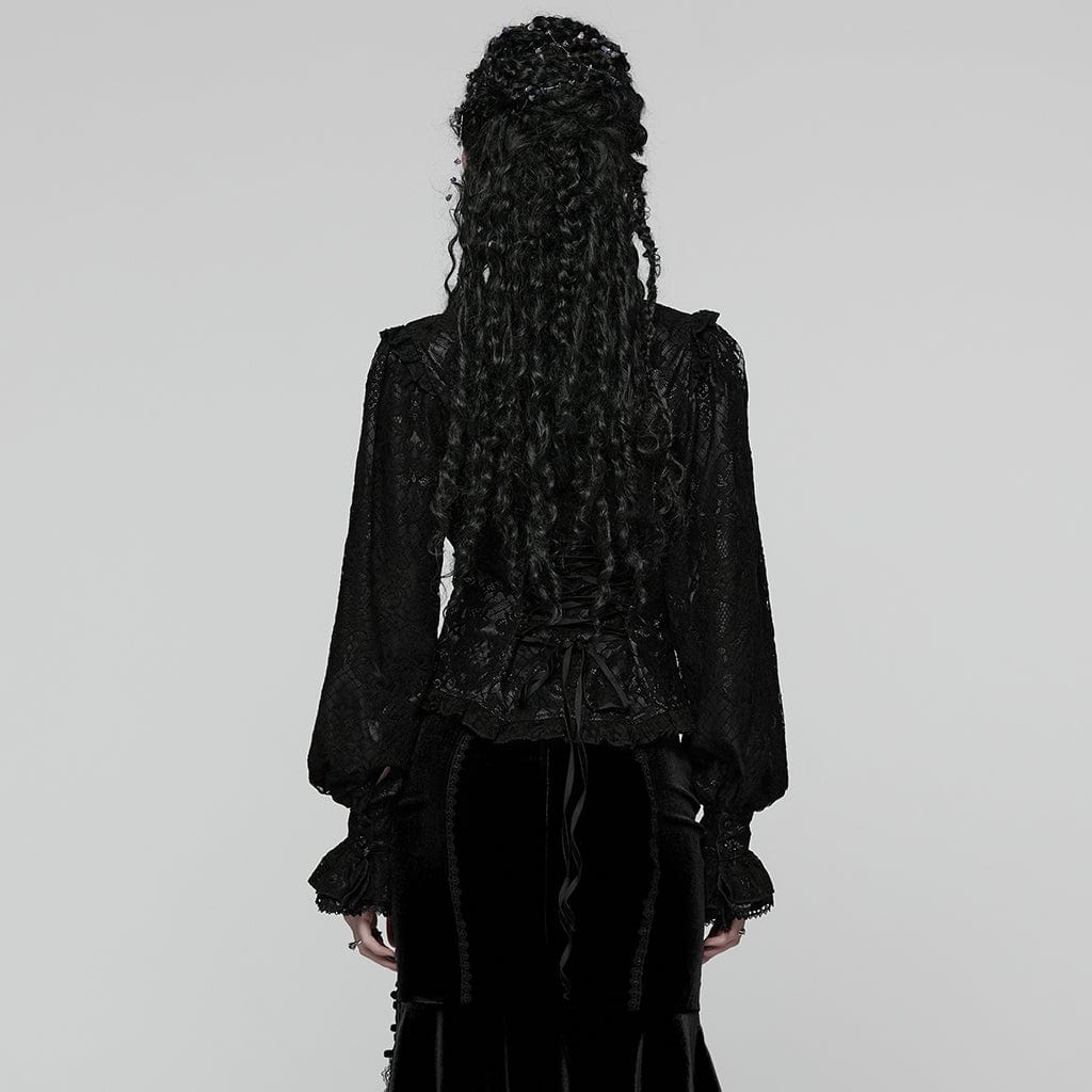 PUNK RAVE Women's Gothic Floral Embroidered Lace-up Ruffle Shirt Black