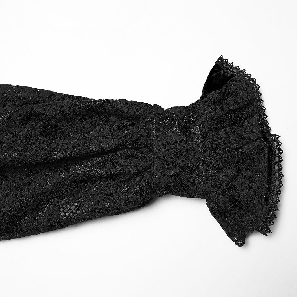 PUNK RAVE Women's Gothic Floral Embroidered Lace-up Ruffle Shirt Black