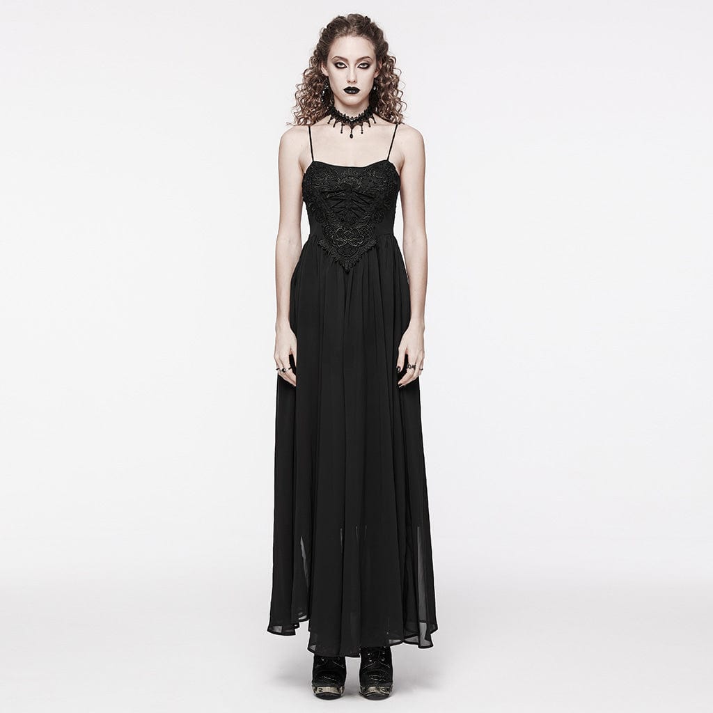 PUNK RAVE Women's Gothic  Floral Embroidered Lace-up Slip Dress