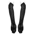 PUNK RAVE Women's Gothic Floral Embroidered Lace-up Velvet Gloves Black
