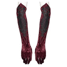 PUNK RAVE Women's Gothic Floral Embroidered Lace-up Velvet Gloves Red