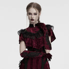 PUNK RAVE Women's Gothic Floral Embroidered Lace-up Velvet Gloves Red