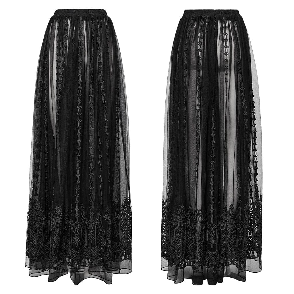 PUNK RAVE Women's Gothic Floral Embroidered Mesh Sheer Skirt Black