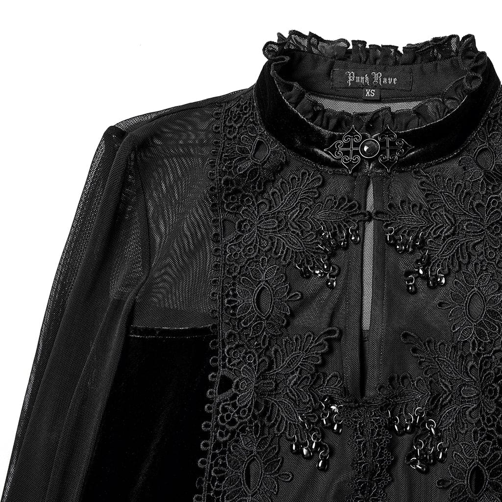 PUNK RAVE Women's Gothic Floral Embroidered Mesh Splice Maxi Dress Black