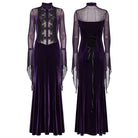 PUNK RAVE Women's Gothic Floral Embroidered Mesh Splice Maxi Dress Violet