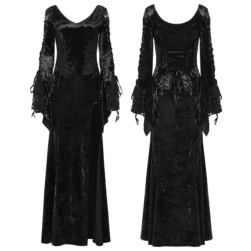 PUNK RAVE Women's Gothic Floral Embroidered Mesh Splice Party Dress Black