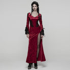 PUNK RAVE Women's Gothic Floral Embroidered Mesh Splice Party Dress Red