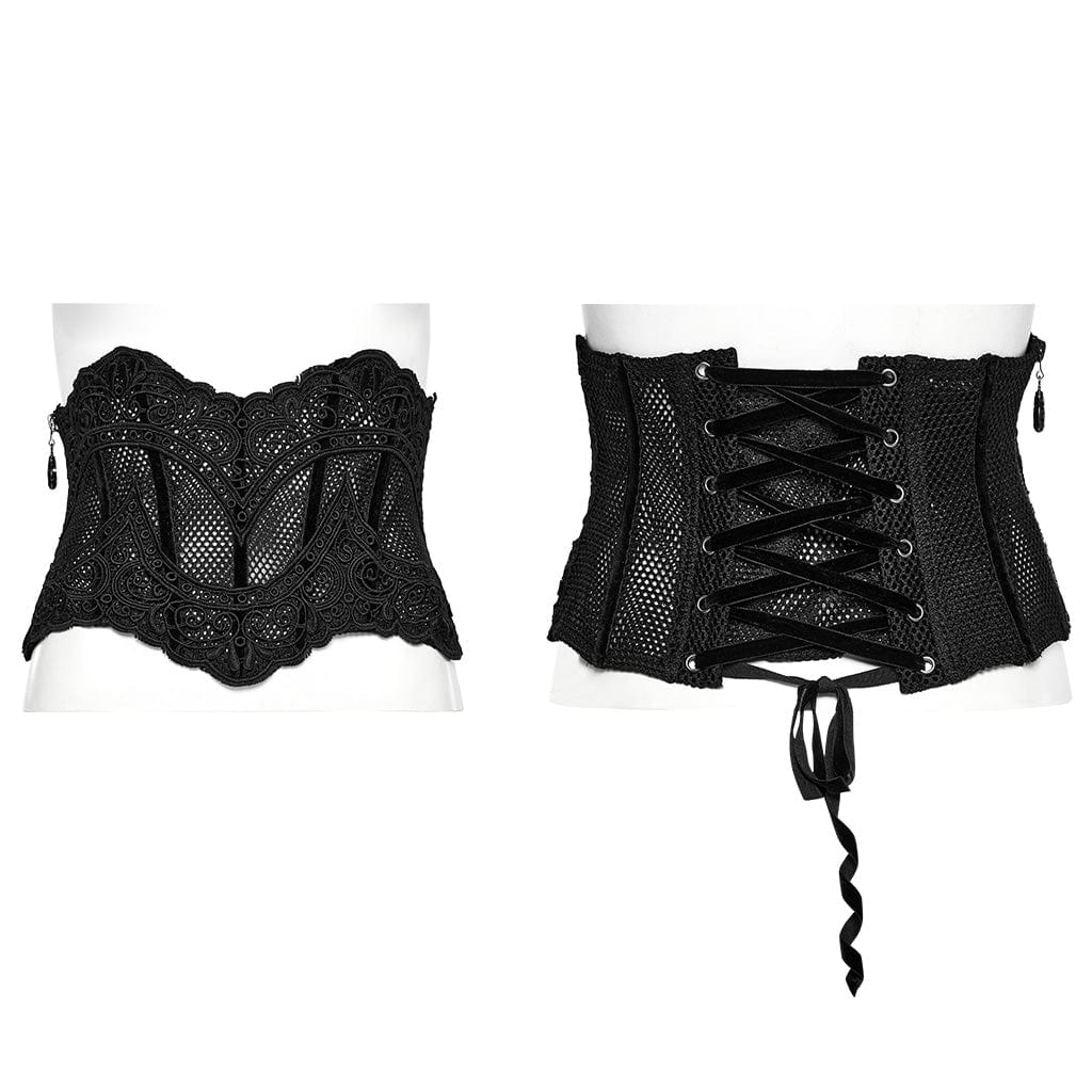 PUNK RAVE Women's Gothic Floral Embroidered Mesh Underbust Corset