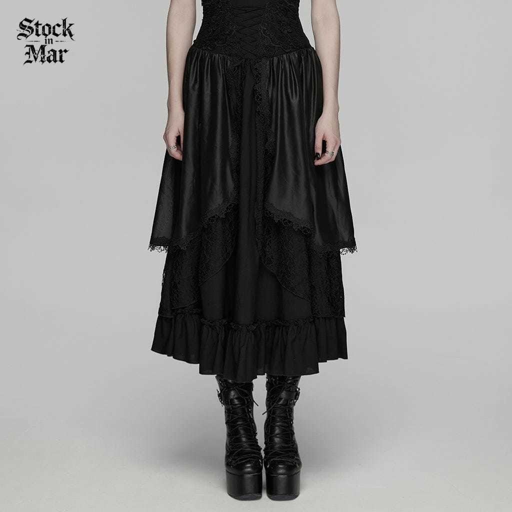 PUNK RAVE Women's Gothic Floral Embroidered Multilayered Skirt