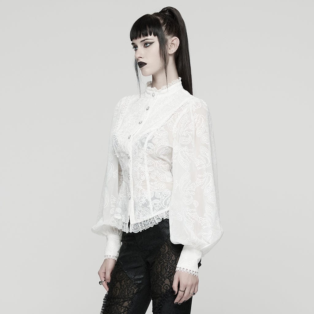 PUNK RAVE Women's Gothic Floral Embroidered Puff Sleeved Ruffle Shirt