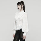 PUNK RAVE Women's Gothic Floral Embroidered Puff Sleeved Ruffle Shirt