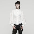 PUNK RAVE Women's Gothic Floral Embroidered Puff Sleeved Ruffle Shirt