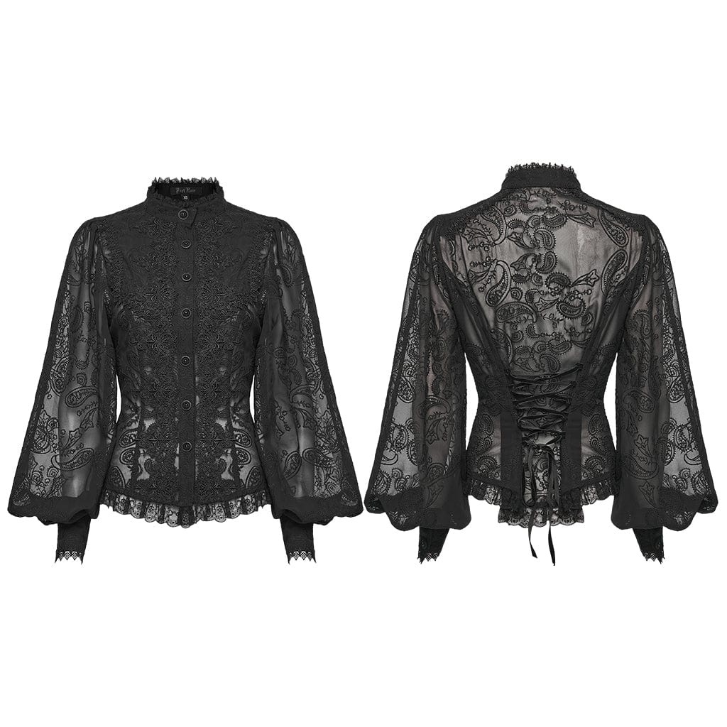 PUNK RAVE Women's Gothic Floral Embroidered Puff Sleeved Shirt