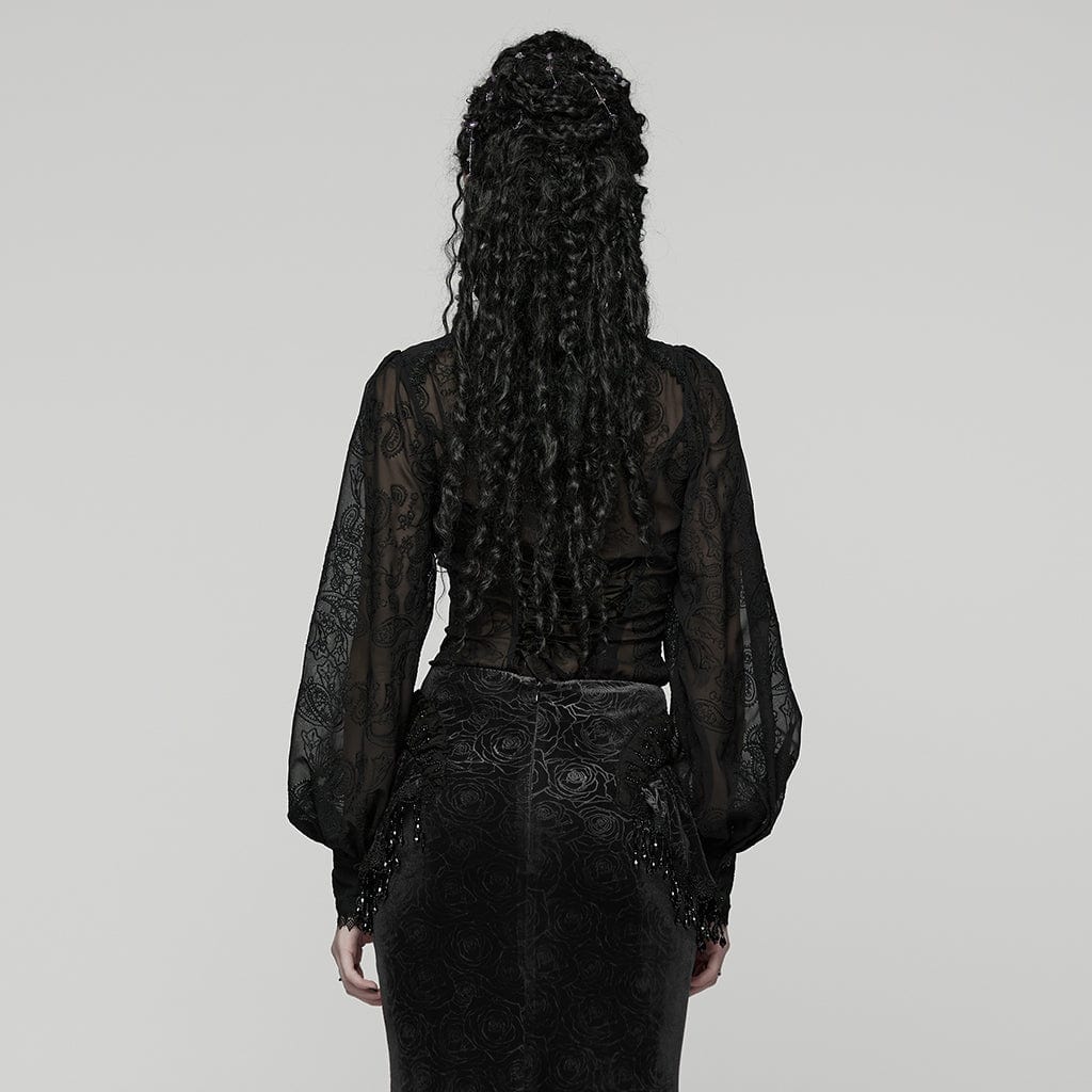 PUNK RAVE Women's Gothic Floral Embroidered Puff Sleeved Shirt