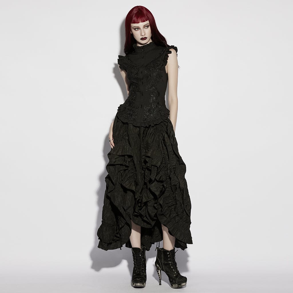 PUNK RAVE Women's Gothic Floral Embroidered Ruffled Stand Collar Shirt