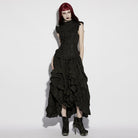 PUNK RAVE Women's Gothic Floral Embroidered Ruffled Stand Collar Shirt