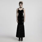 PUNK RAVE Women's Gothic Floral Embroidered Velvet Fishtail Slip Dress Black