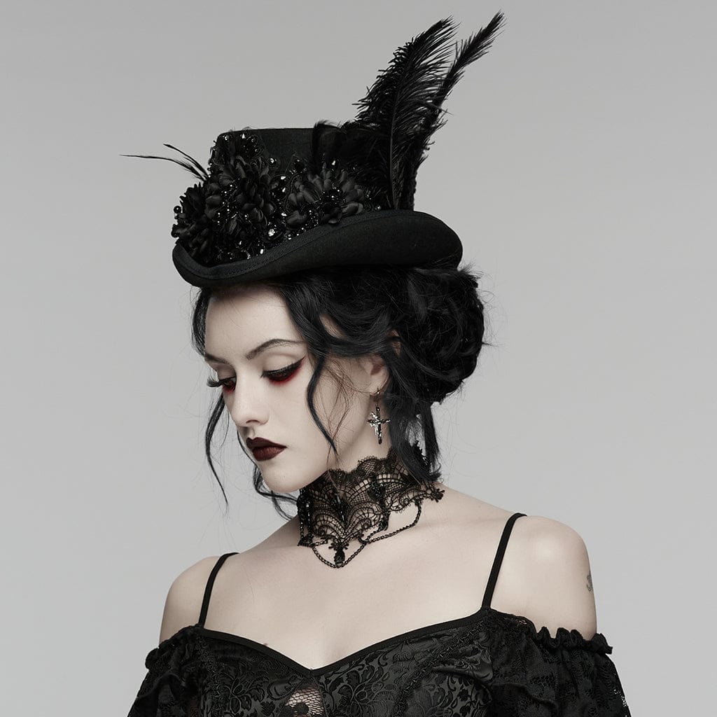 PUNK RAVE Women's Gothic Floral Feather Formal Hat