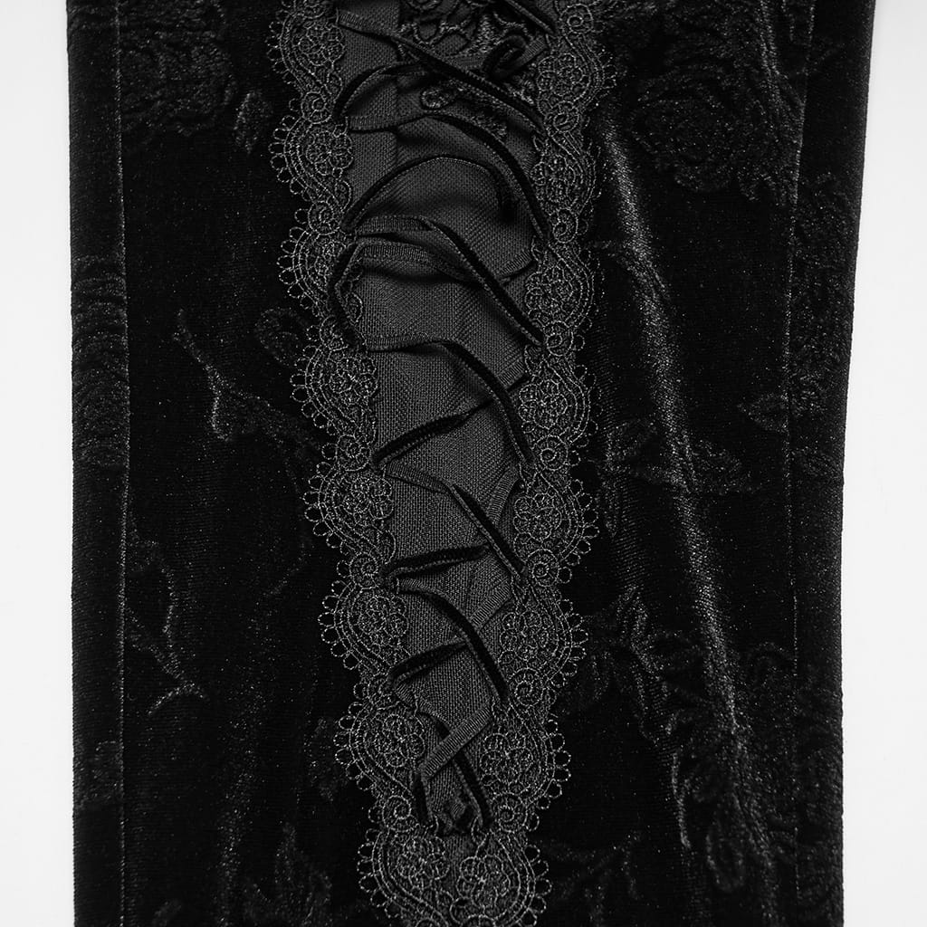 PUNK RAVE Women's Gothic Floral Jacquard Embroidered Velvet Leggings Black