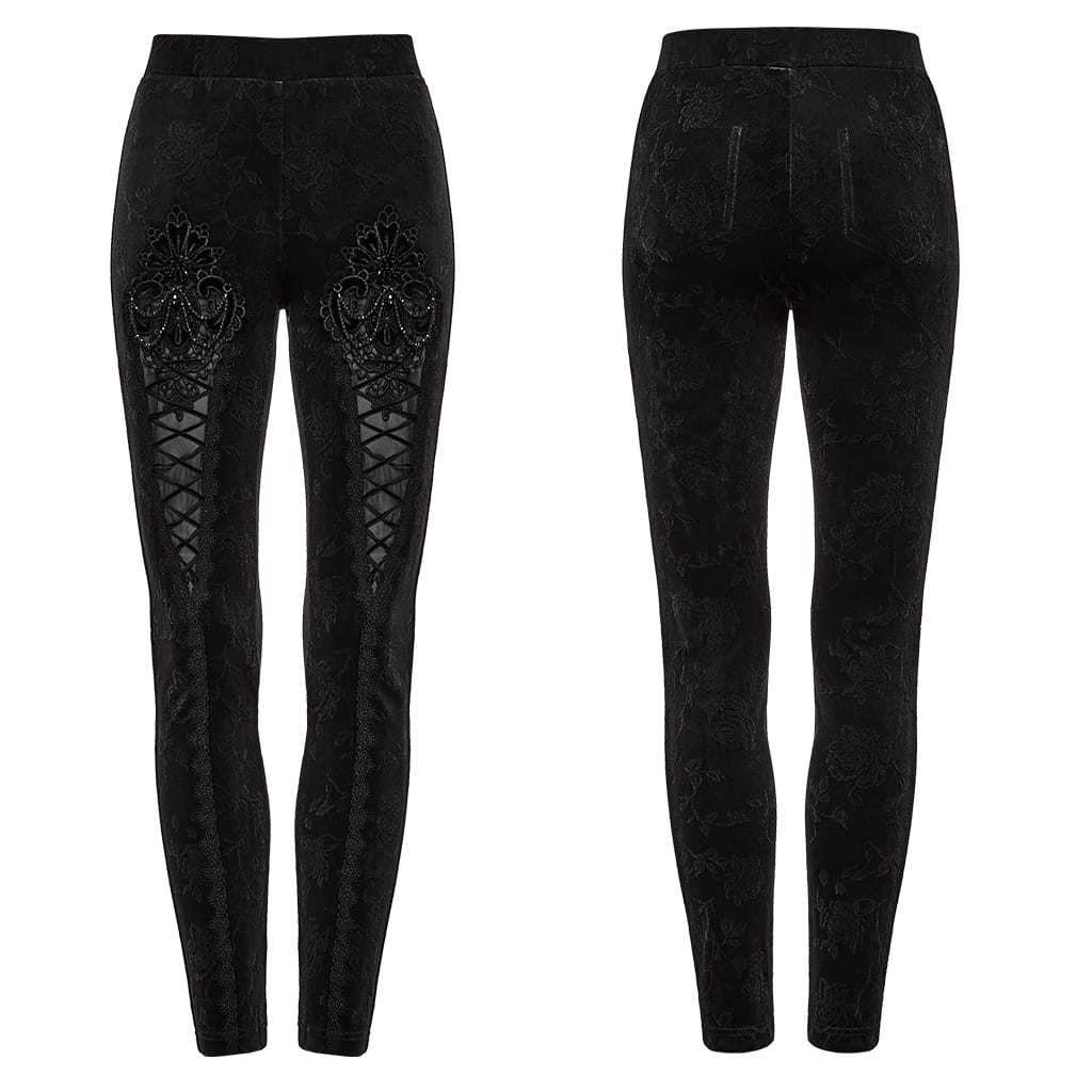 PUNK RAVE Women's Gothic Floral Jacquard Embroidered Velvet Leggings Black
