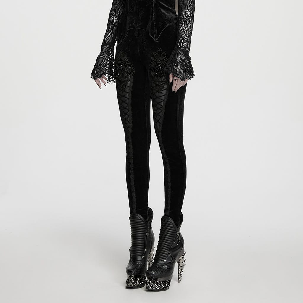PUNK RAVE Women's Gothic Floral Jacquard Embroidered Velvet Leggings Black