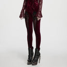PUNK RAVE Women's Gothic Floral Jacquard Embroidered Velvet Leggings Red