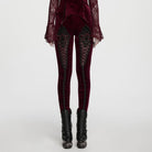 PUNK RAVE Women's Gothic Floral Jacquard Embroidered Velvet Leggings Red