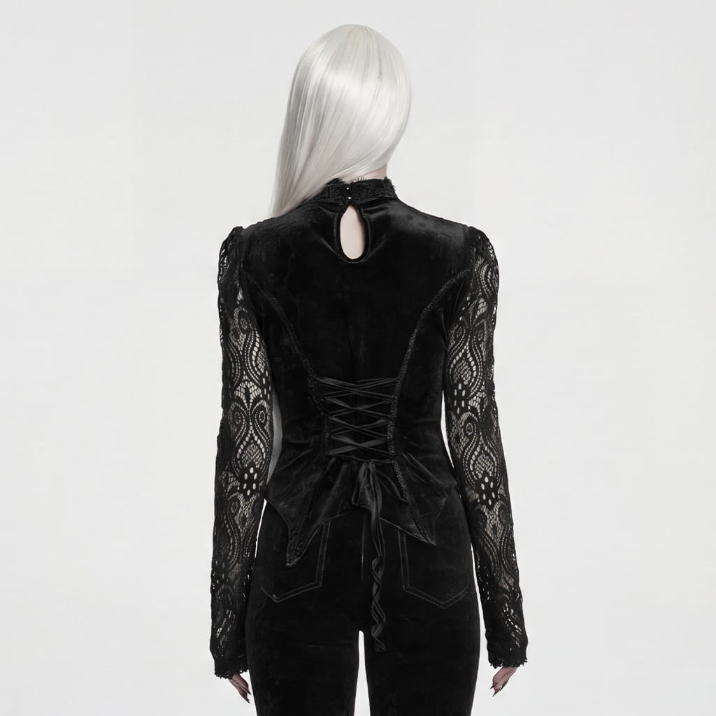 PUNK RAVE Women's Gothic Floral Jacquard Lace Long Sleeve Velvet Top Black