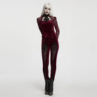 PUNK RAVE Women's Gothic Floral Jacquard Lace Long Sleeve Velvet Top Red