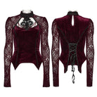 PUNK RAVE Women's Gothic Floral Jacquard Lace Long Sleeve Velvet Top Red