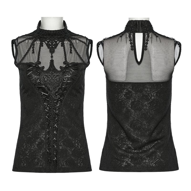 PUNK RAVE Women's Gothic Floral Jacquard Mesh Colorblock Sleeveless Tops