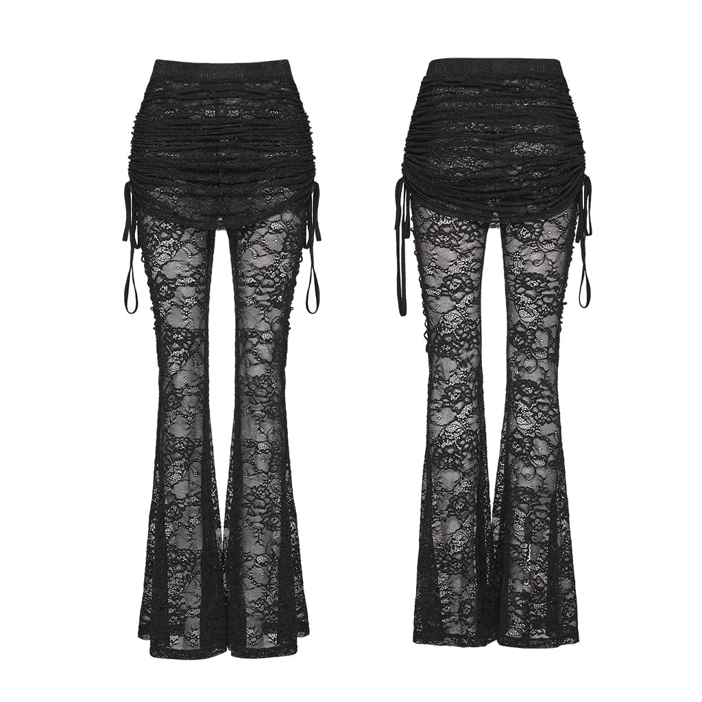 PUNK RAVE Women's Gothic Floral Lace Drawstring Ruched Flared Pants