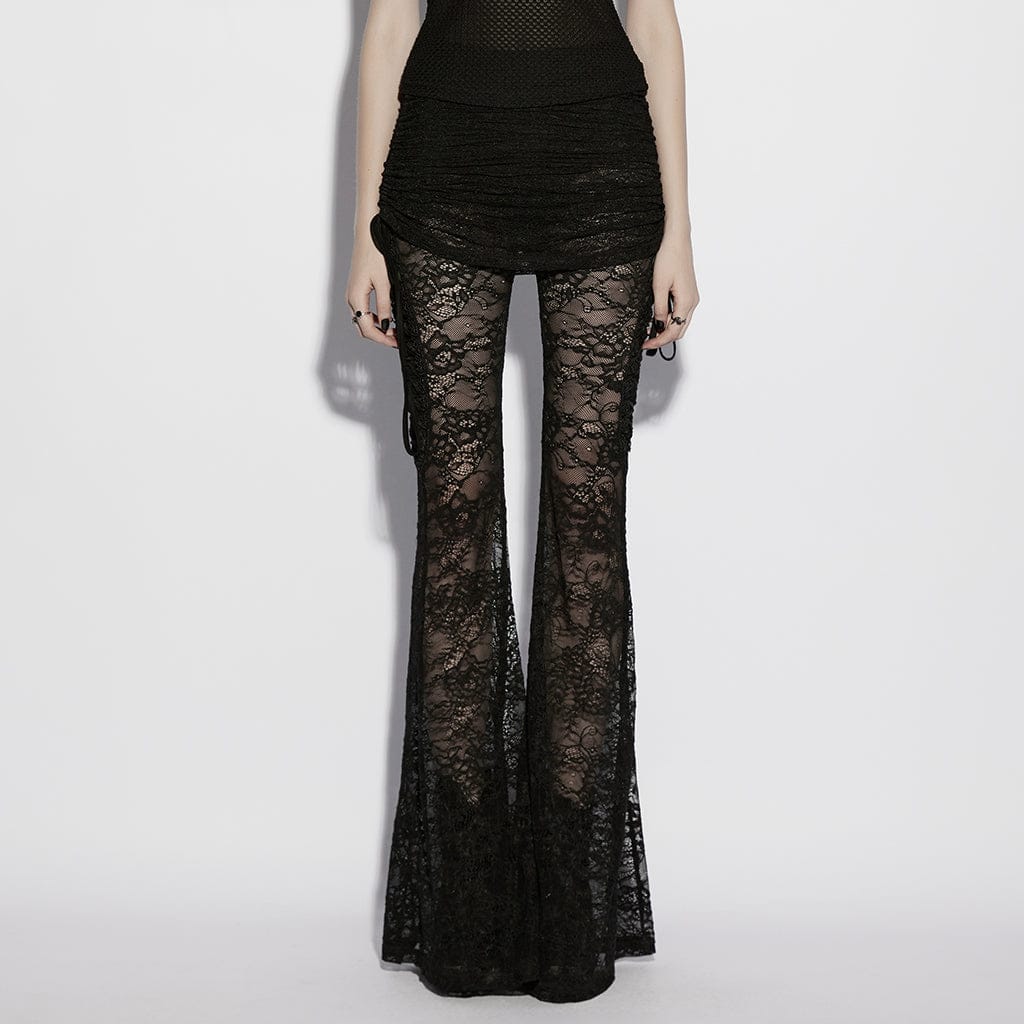 PUNK RAVE Women's Gothic Floral Lace Drawstring Ruched Flared Pants