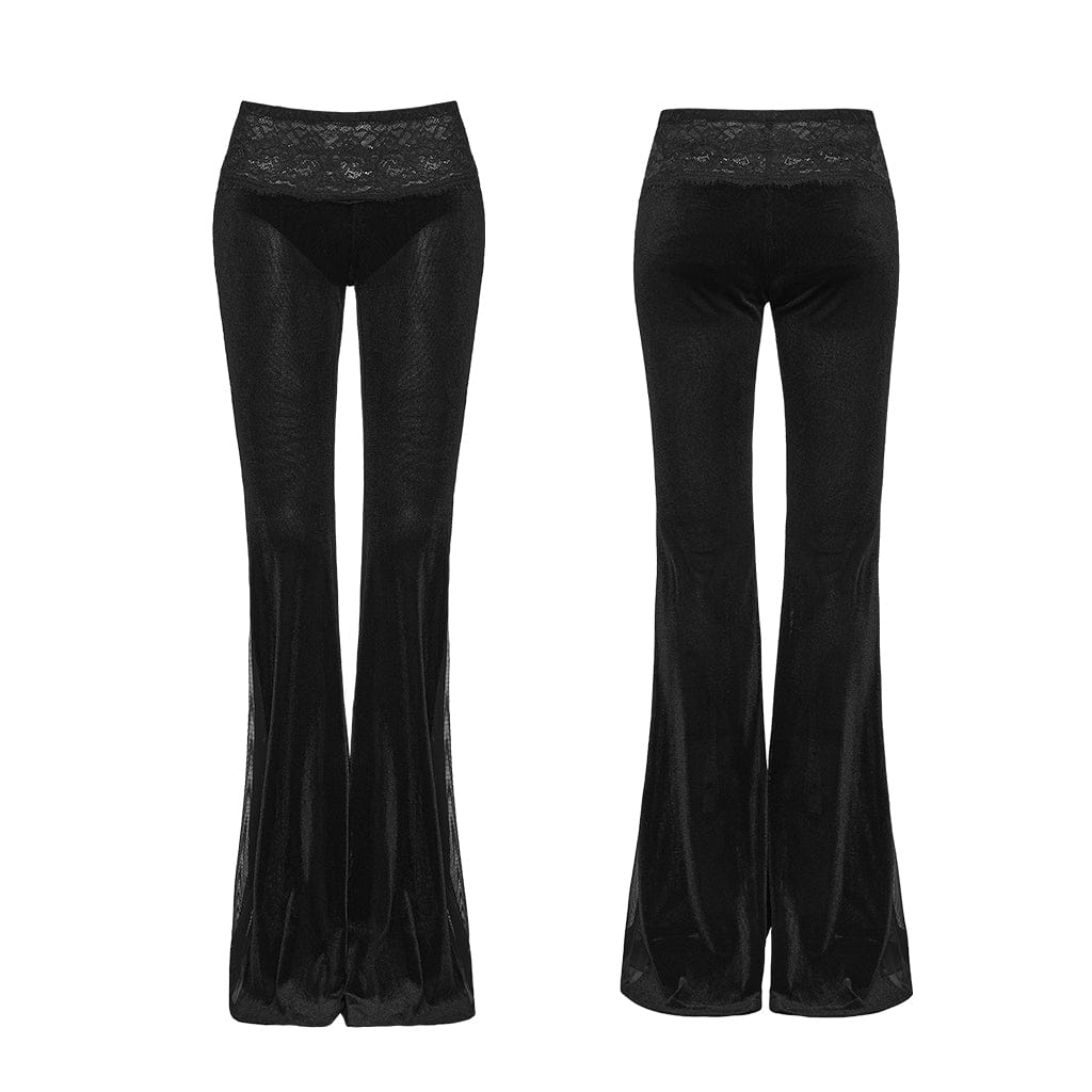 PUNK RAVE Women's Gothic Floral Lace Mesh Splice Flared Pants
